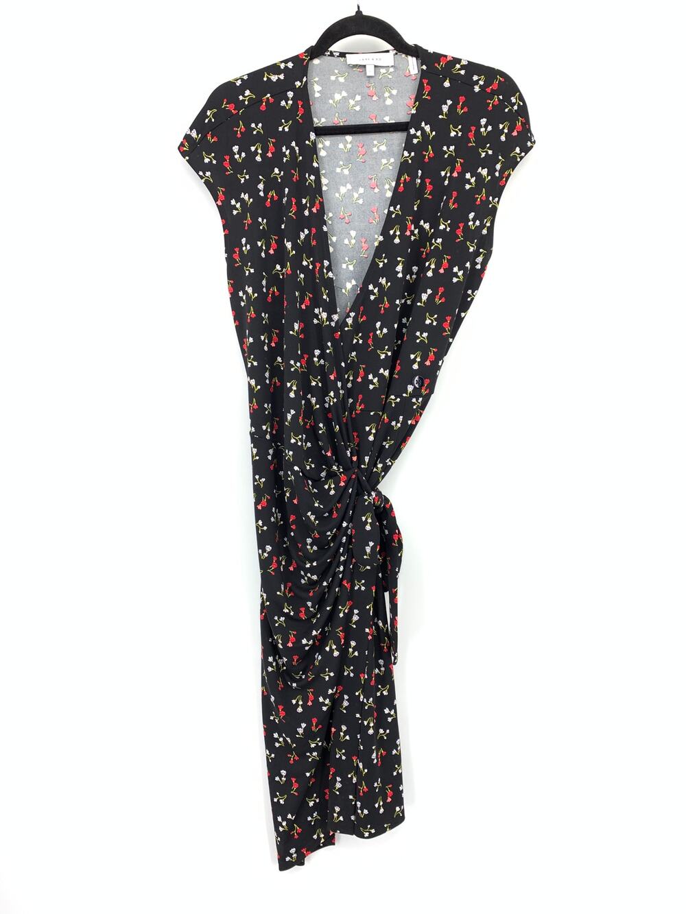 Lark & Ro Wrap Dress Womens Size Large Black Red White Floral Print Cap Sleeve